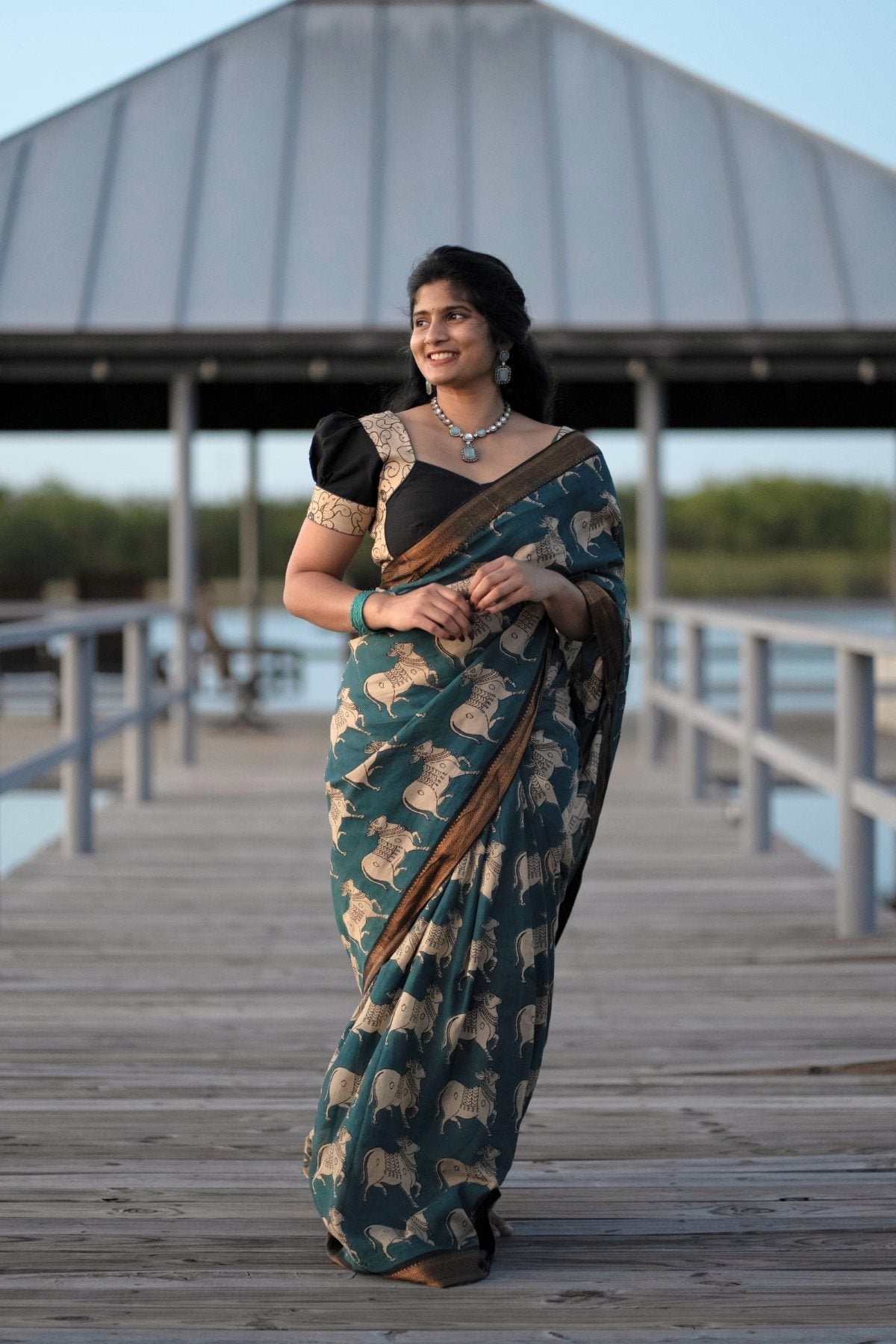 Peacock Blue Kalamkari Saree