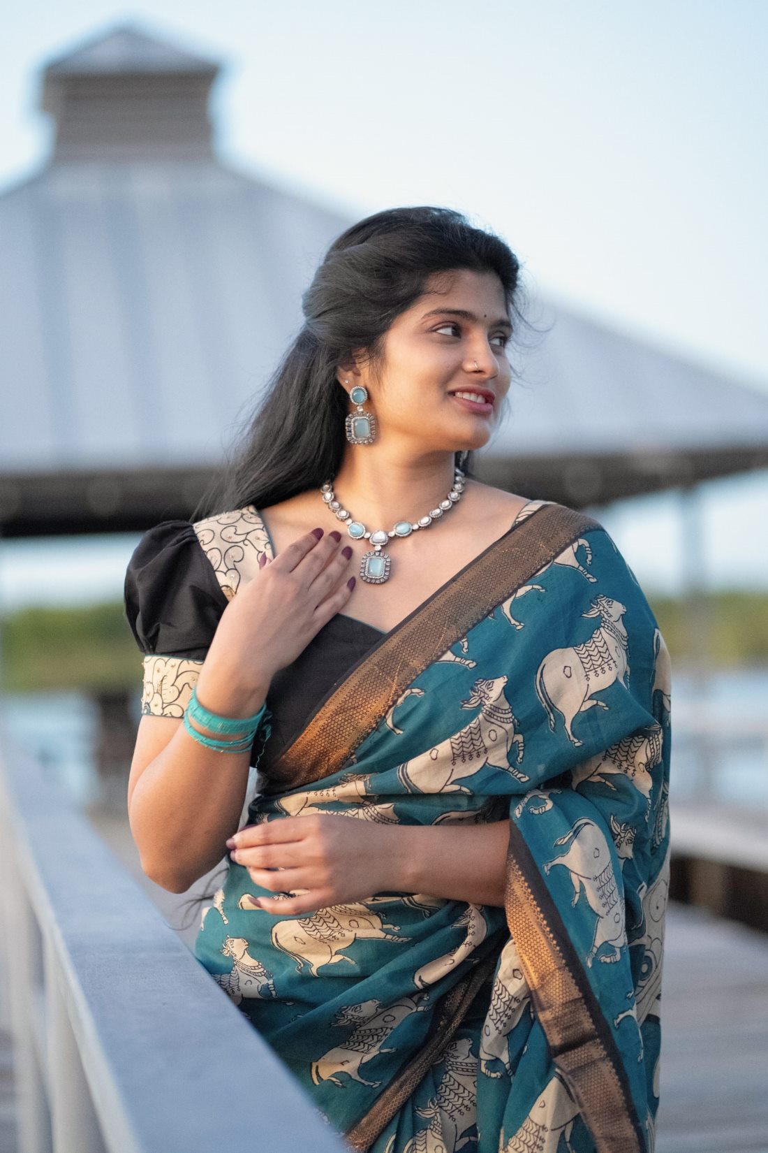 Peacock Blue Kalamkari Saree