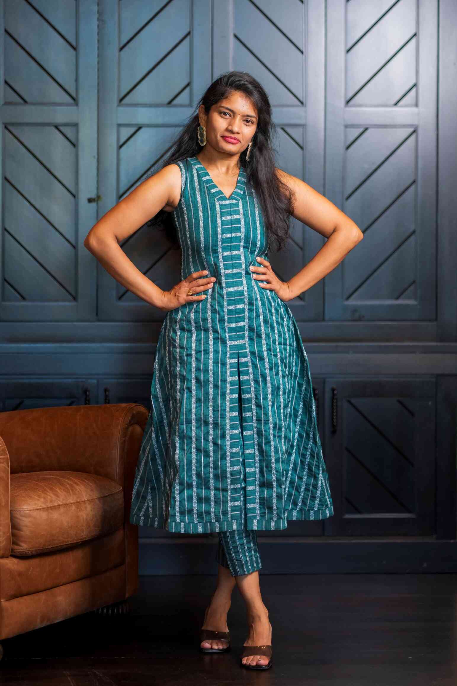 Blended Cotton & Silk Striped A-Line Co-ord Set