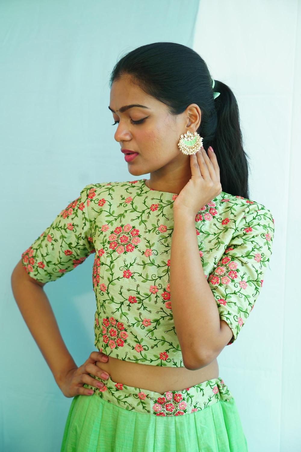 Embroidered Semi-Raw Silk Crop Top