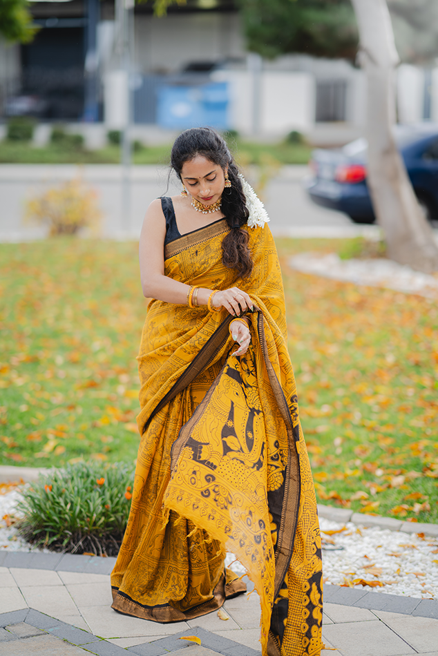 Yellow Silk Kalamkari  Saree With Nizam Border