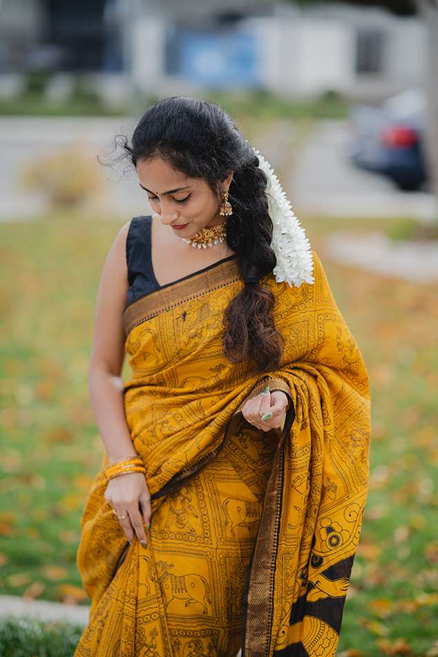 Yellow Silk Kalamkari  Saree With Nizam Border