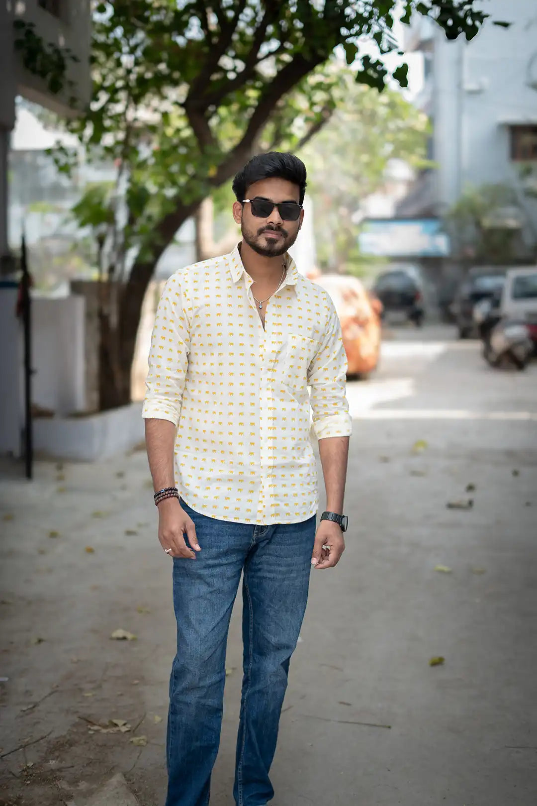 White Printed Cotton Full Hands Shirt