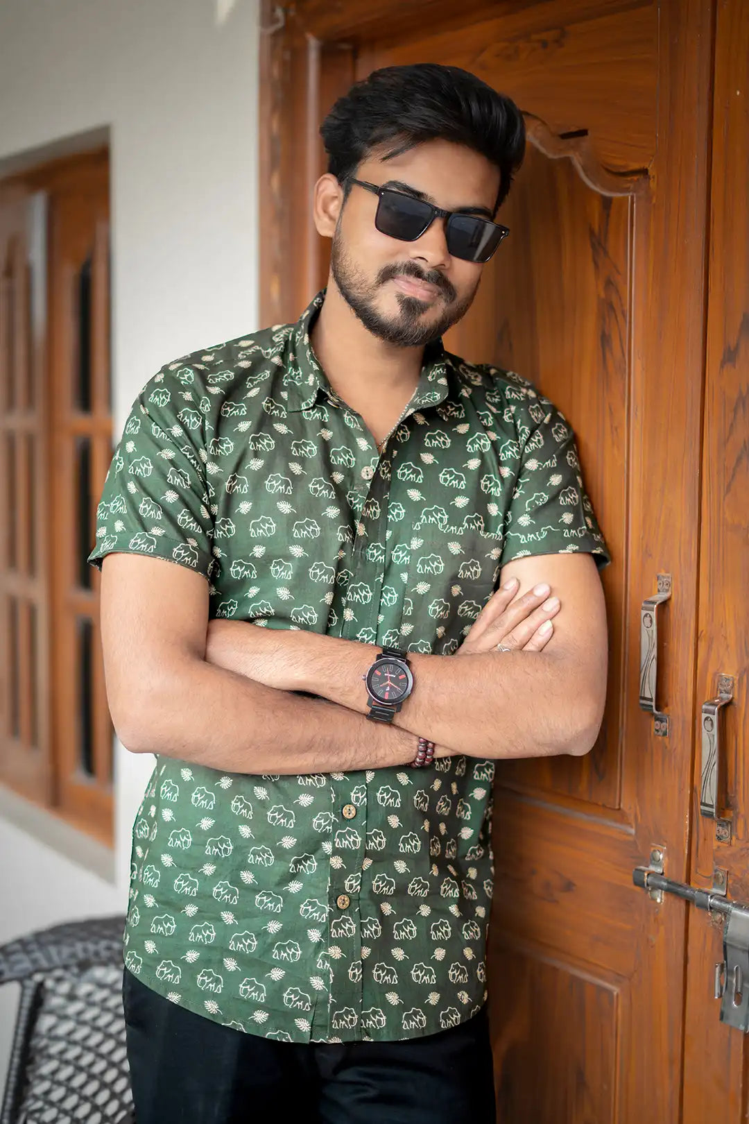 Green Cotton Printed Half Sleeve Shirt