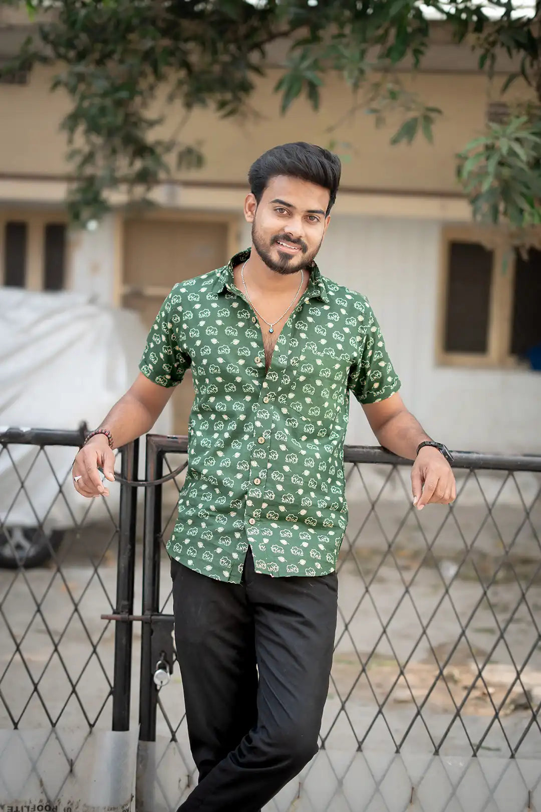 Green Cotton Printed Half Sleeve Shirt