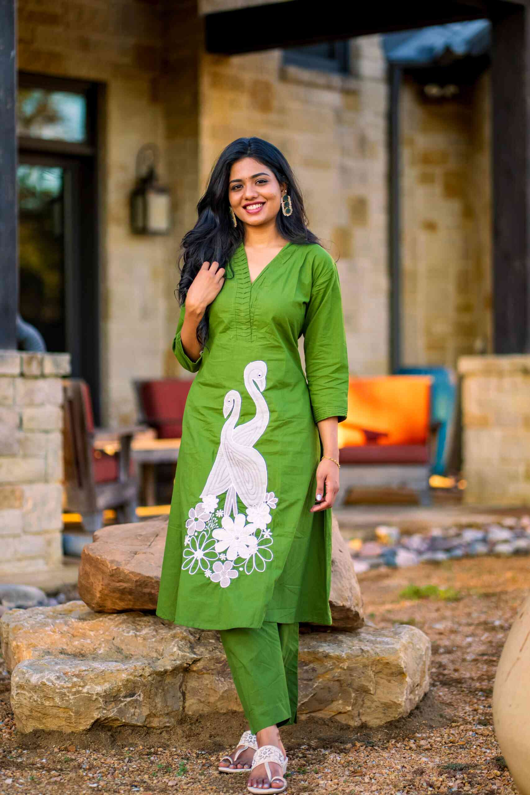 Rayon Cotton Kurta with White Embroidered Crane Motif