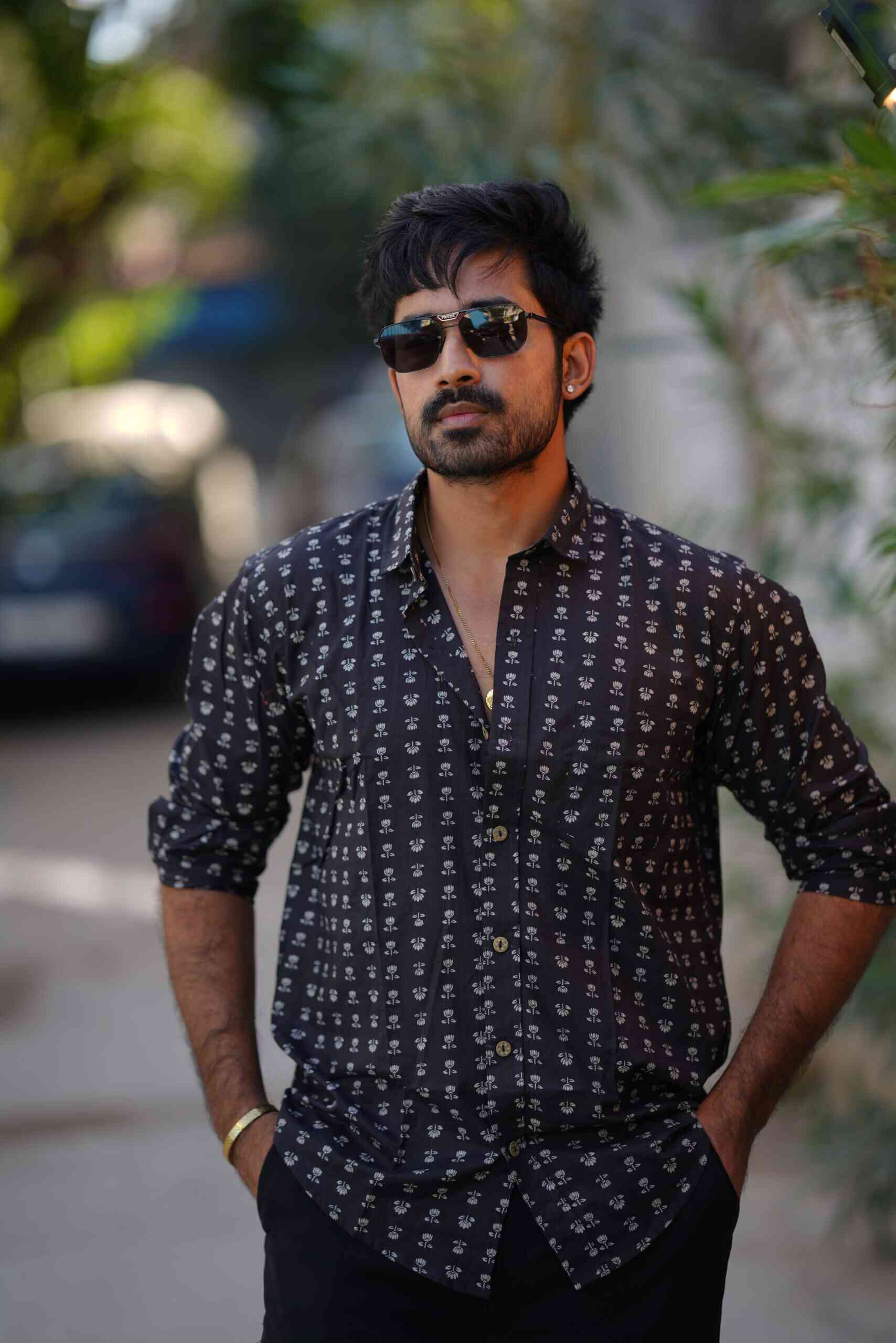 Navy Blue Cotton Printed Full Sleeve Shirt