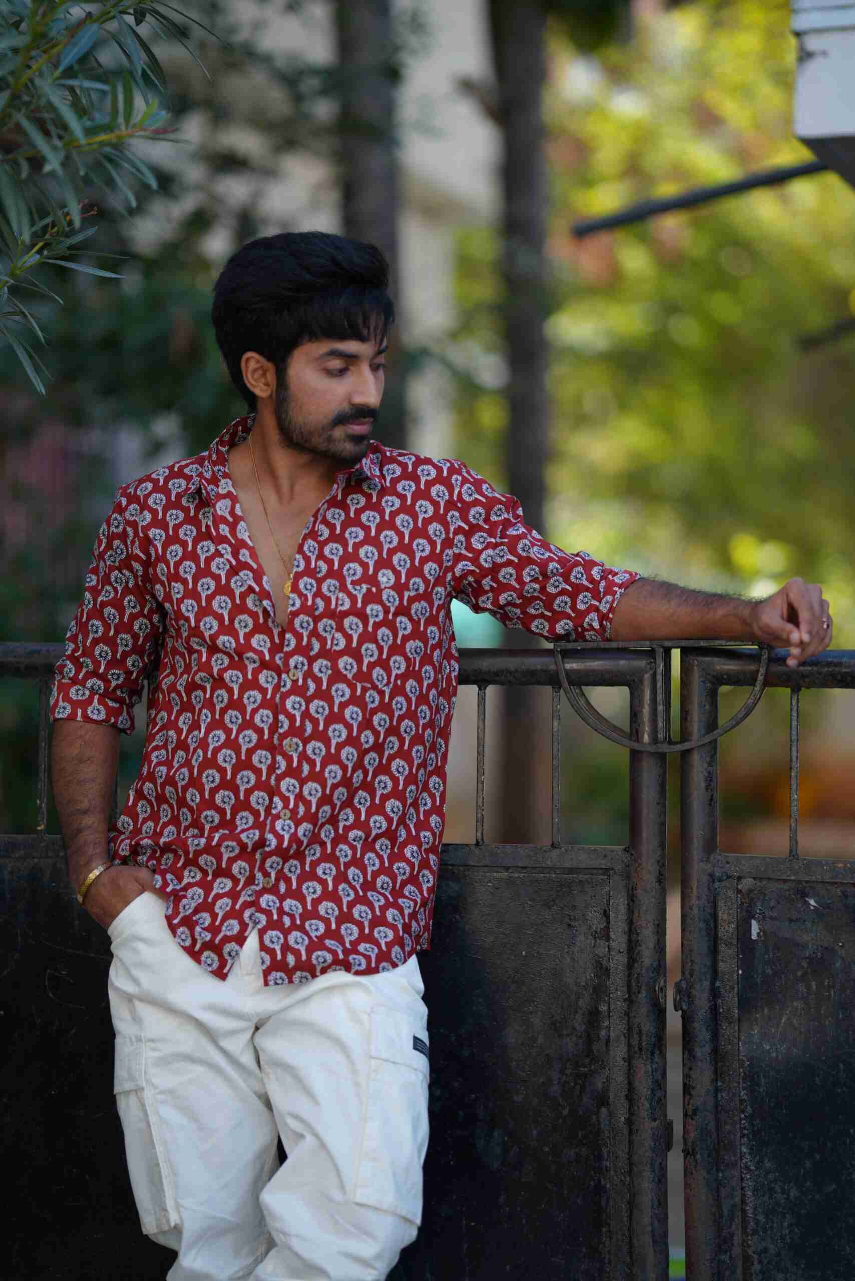 Red Printed Cotton  Full Sleeve Shirt