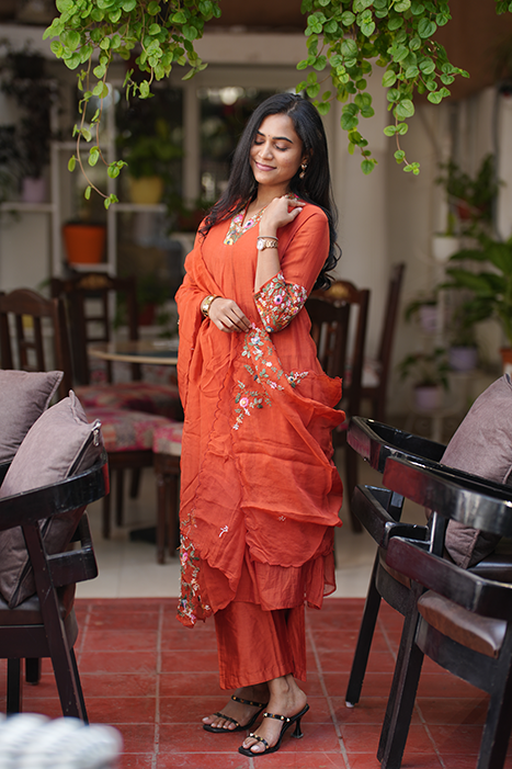 Rust Orange Pure Mul Chanderi Kurta Set