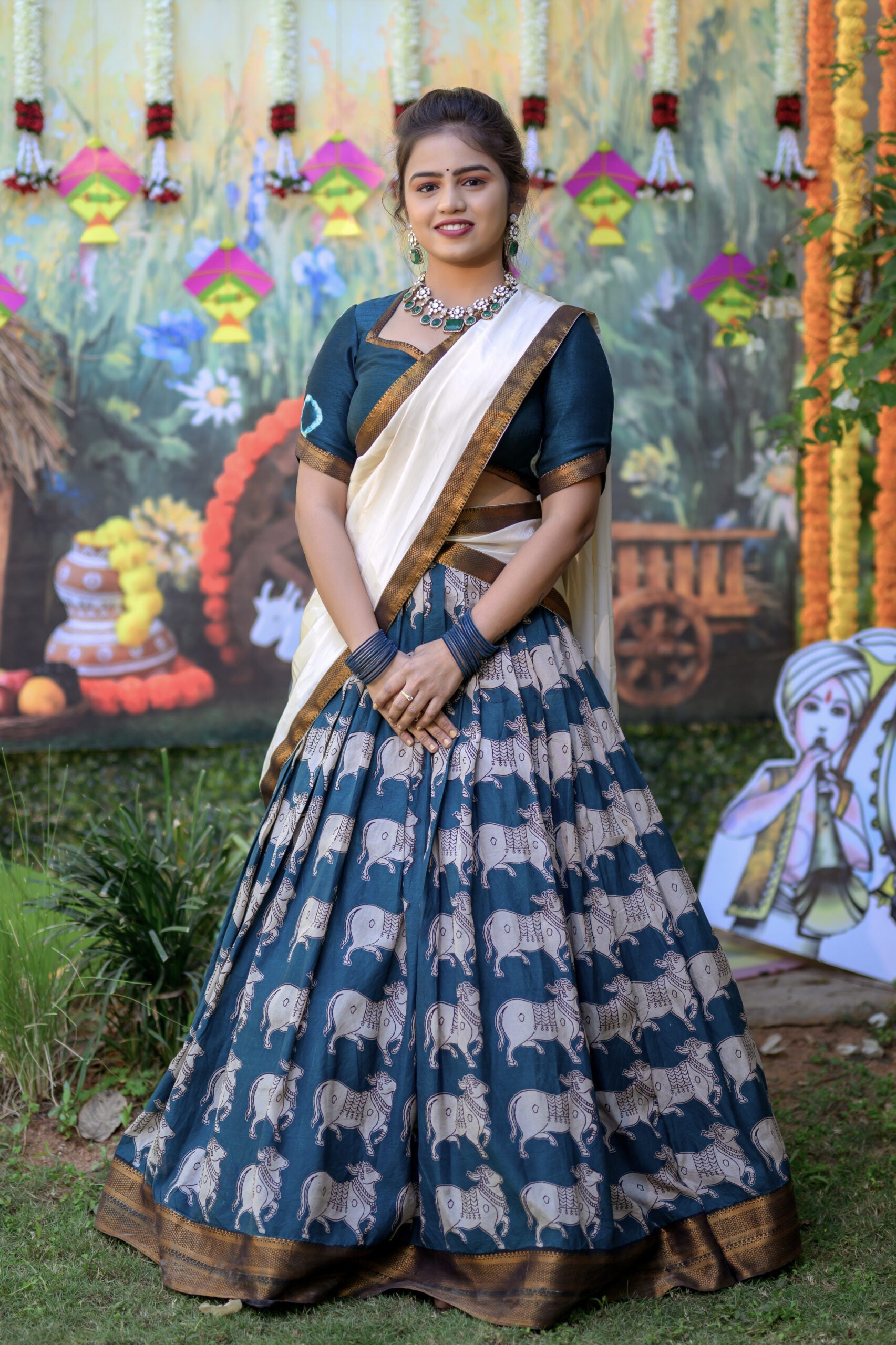 Peacock Blue Kalamkari Lehenga