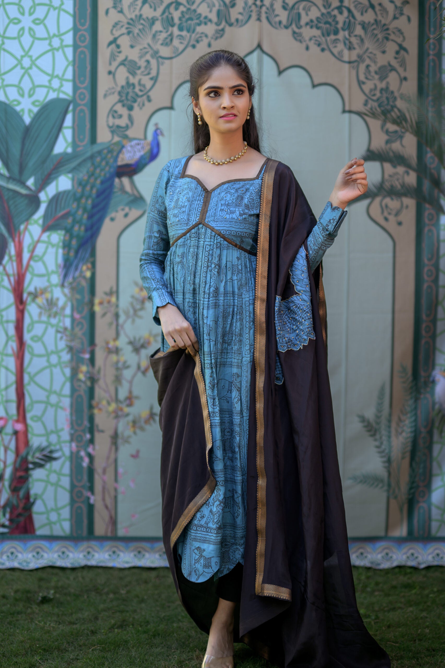 Blue Anarkali set with beautiful peacock applique dupatta