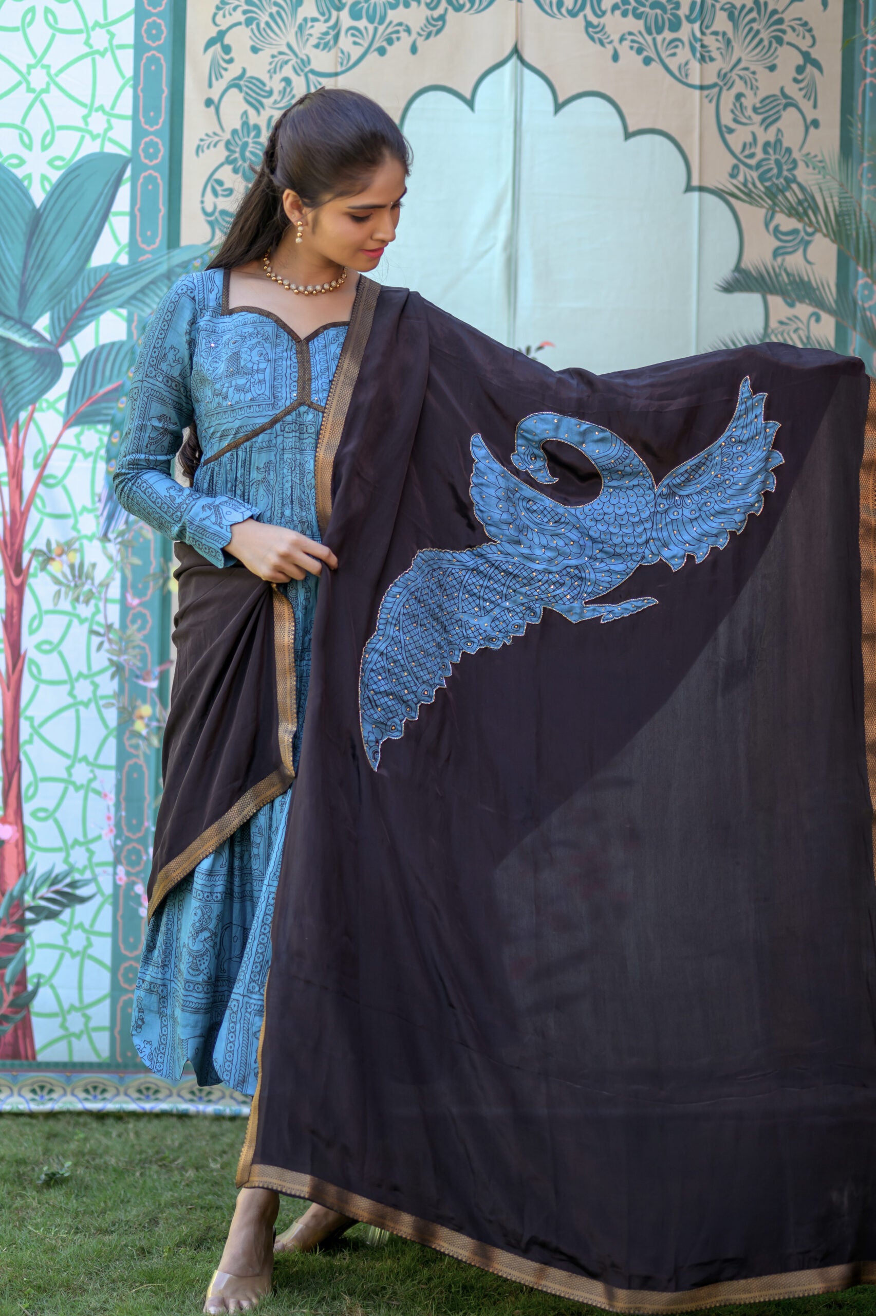 Blue Anarkali set with beautiful peacock applique dupatta