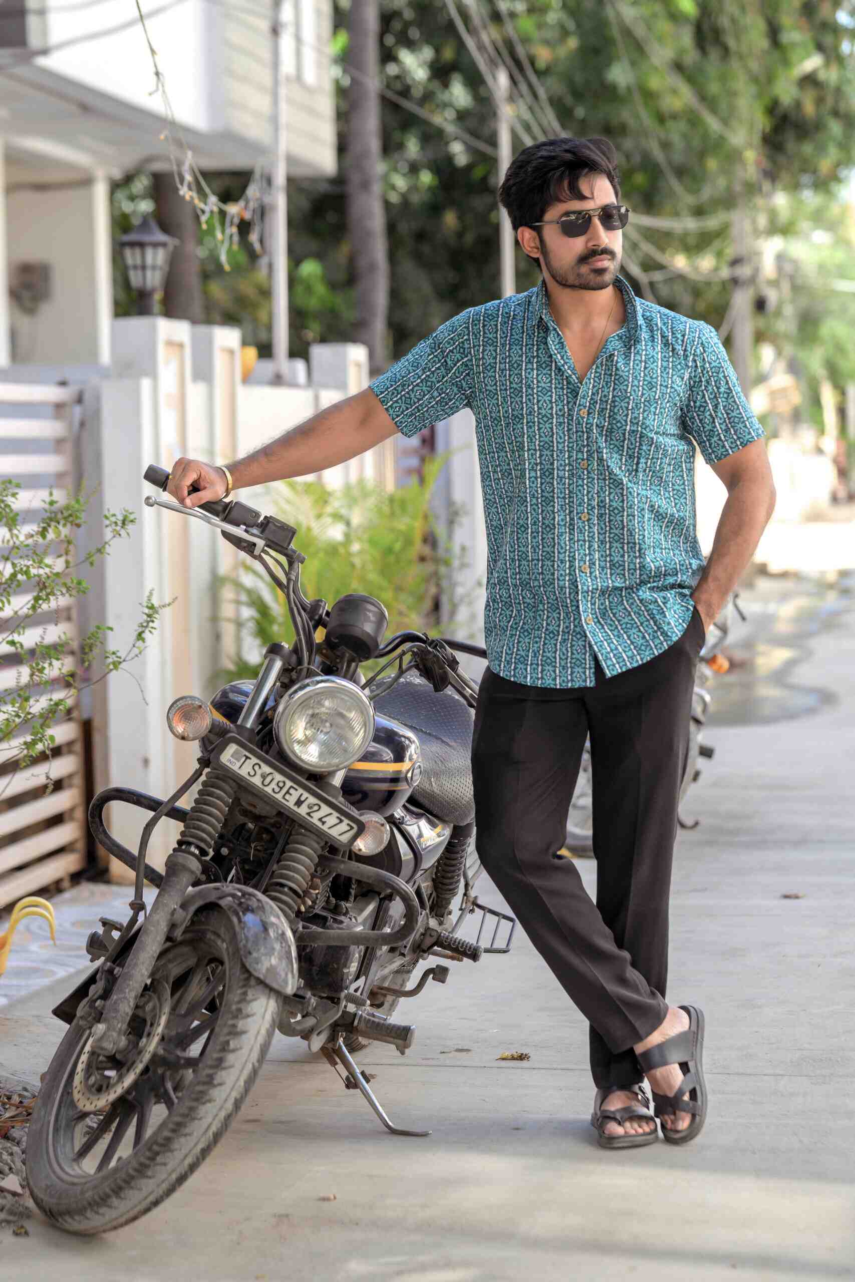 Greenish Blue Cotton Half Sleeve Shirt