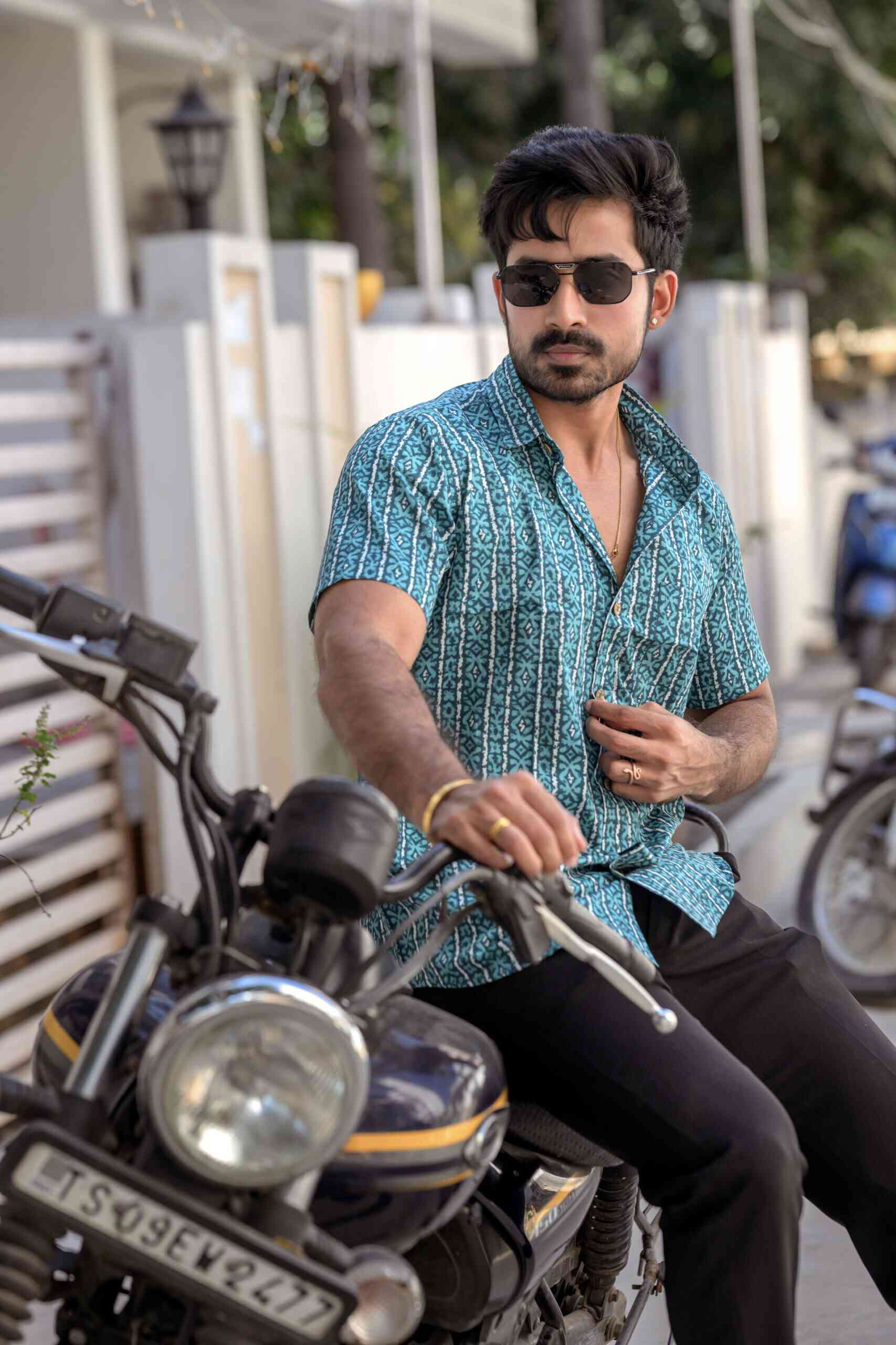 Greenish Blue Cotton Half Sleeve Shirt