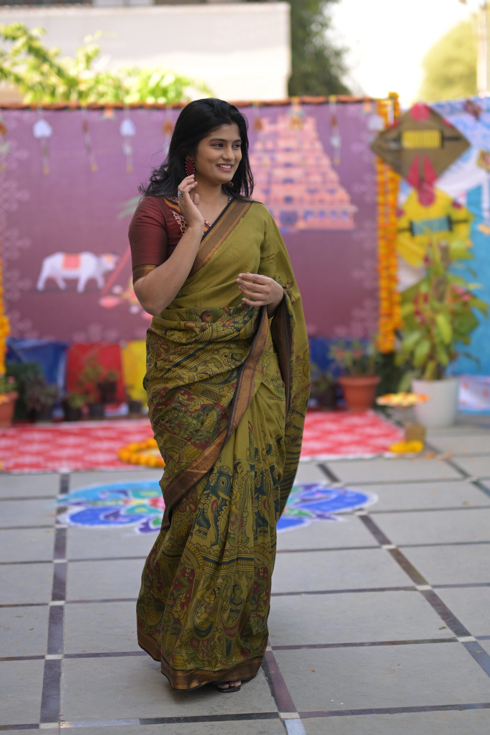 Green Kalamkari With Nizam Border