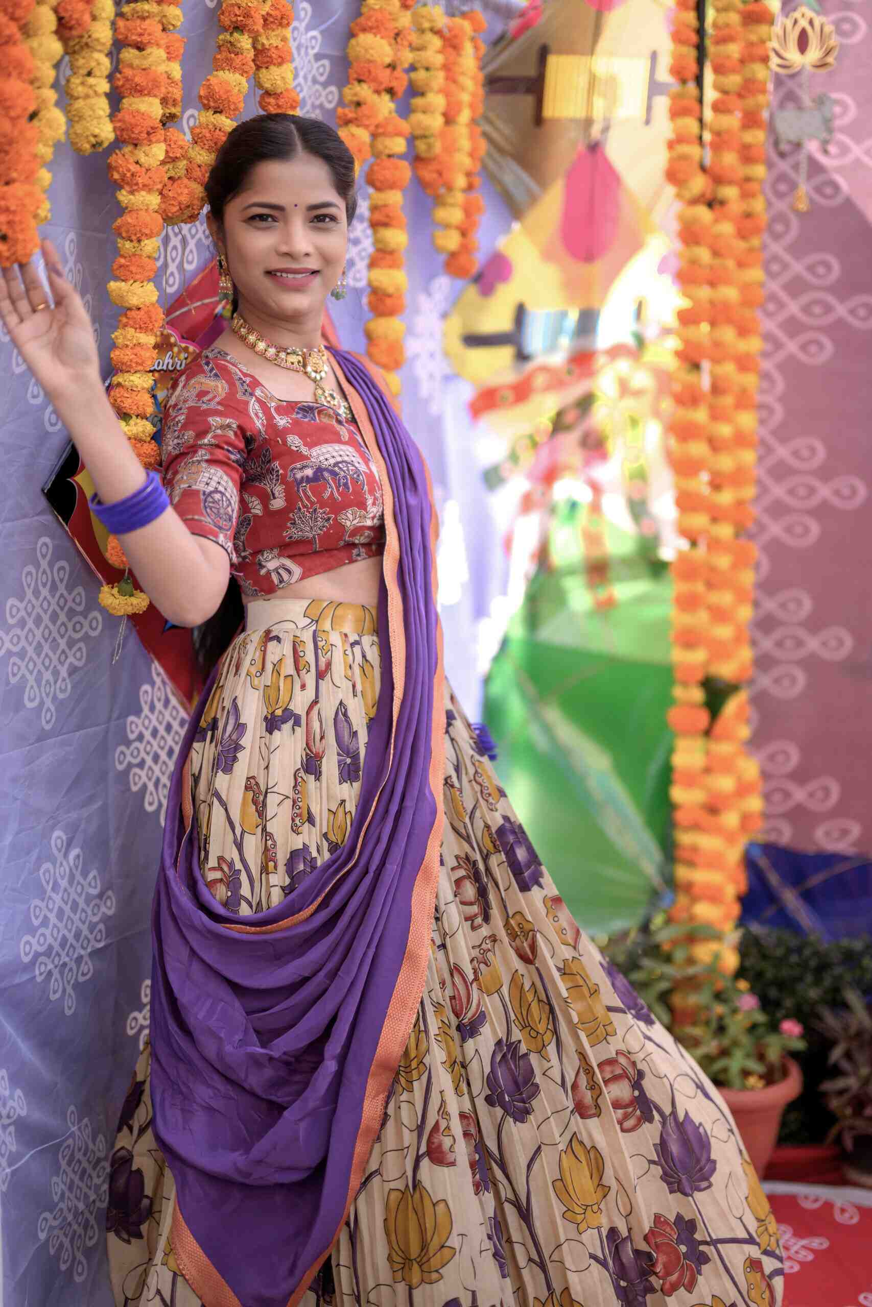 Purple Floral Kalamkari Lehenga