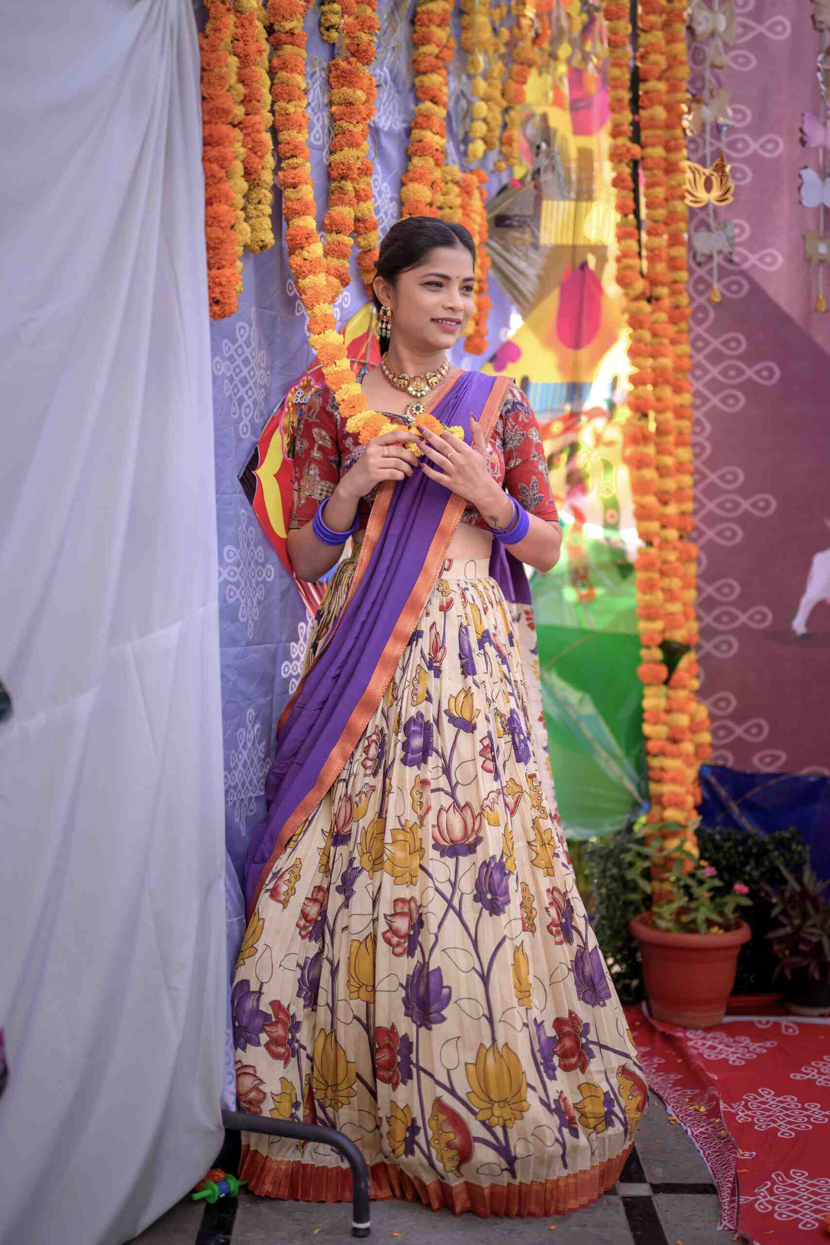 Purple Floral Kalamkari Lehenga