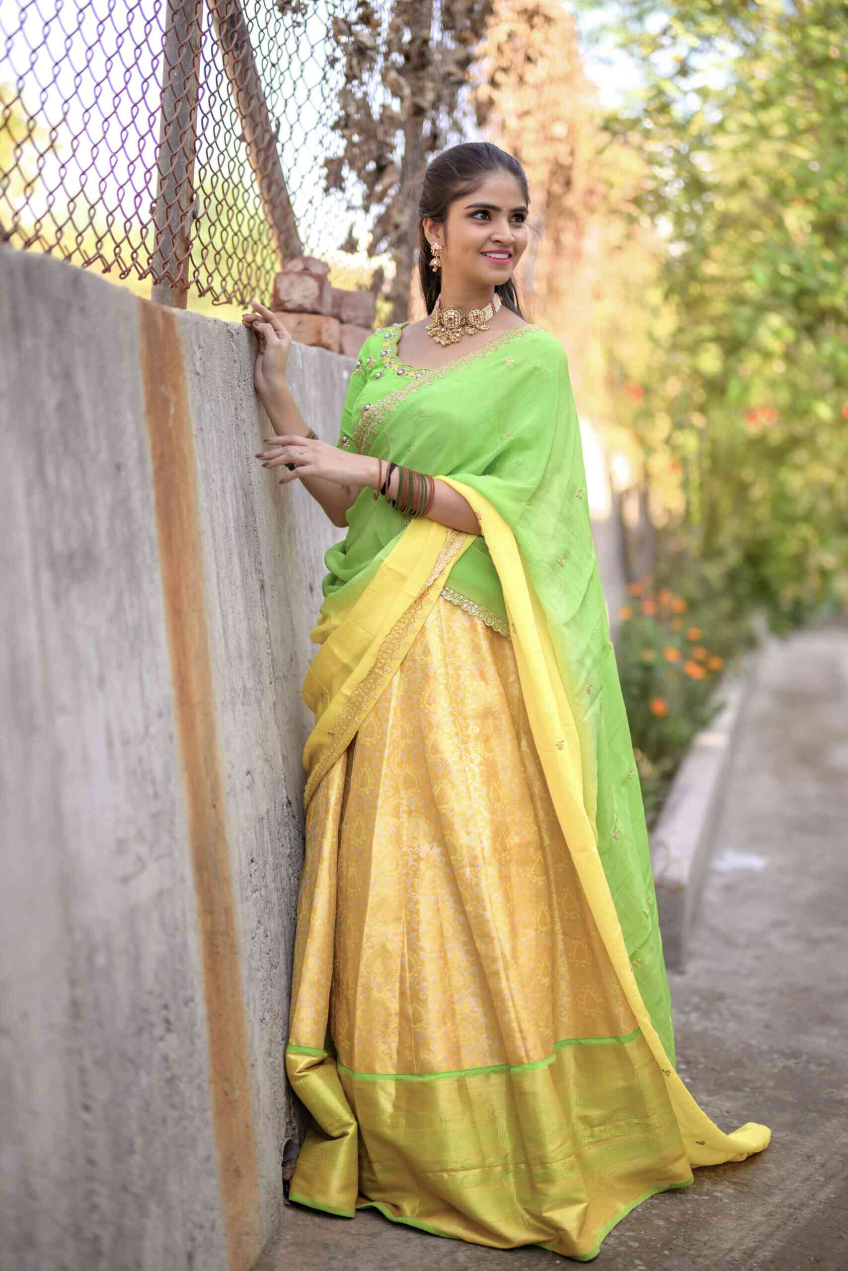 Green and Yellow semi pattu lehenga