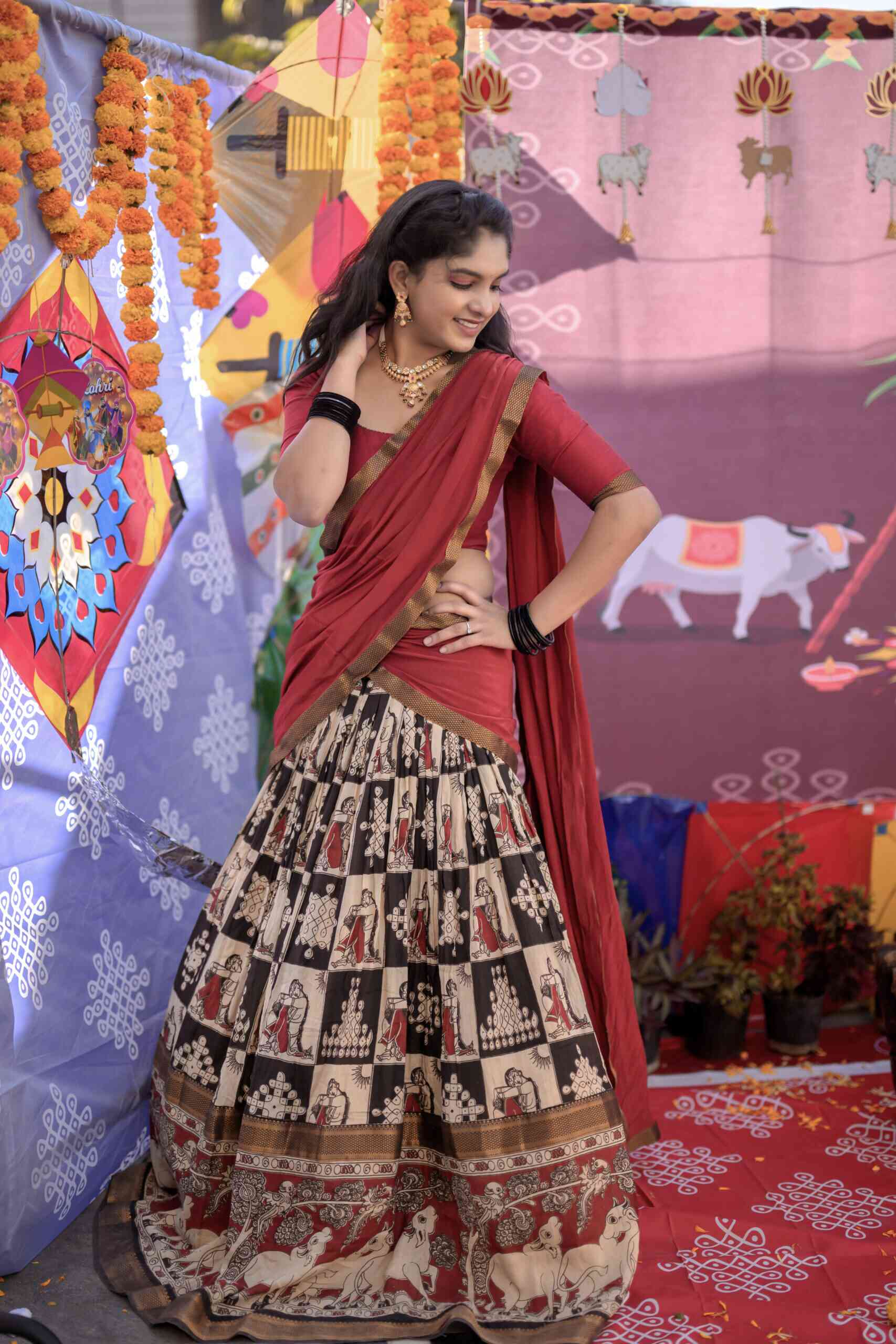 Black And Red Kalamkari Lehenga