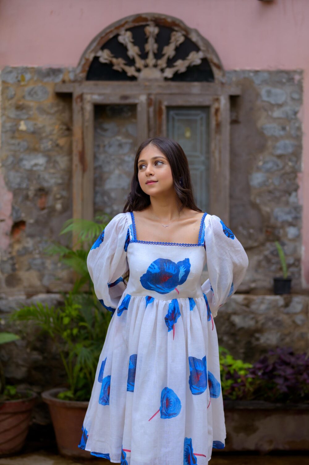 Floral Print White Linen Frock - Image 2