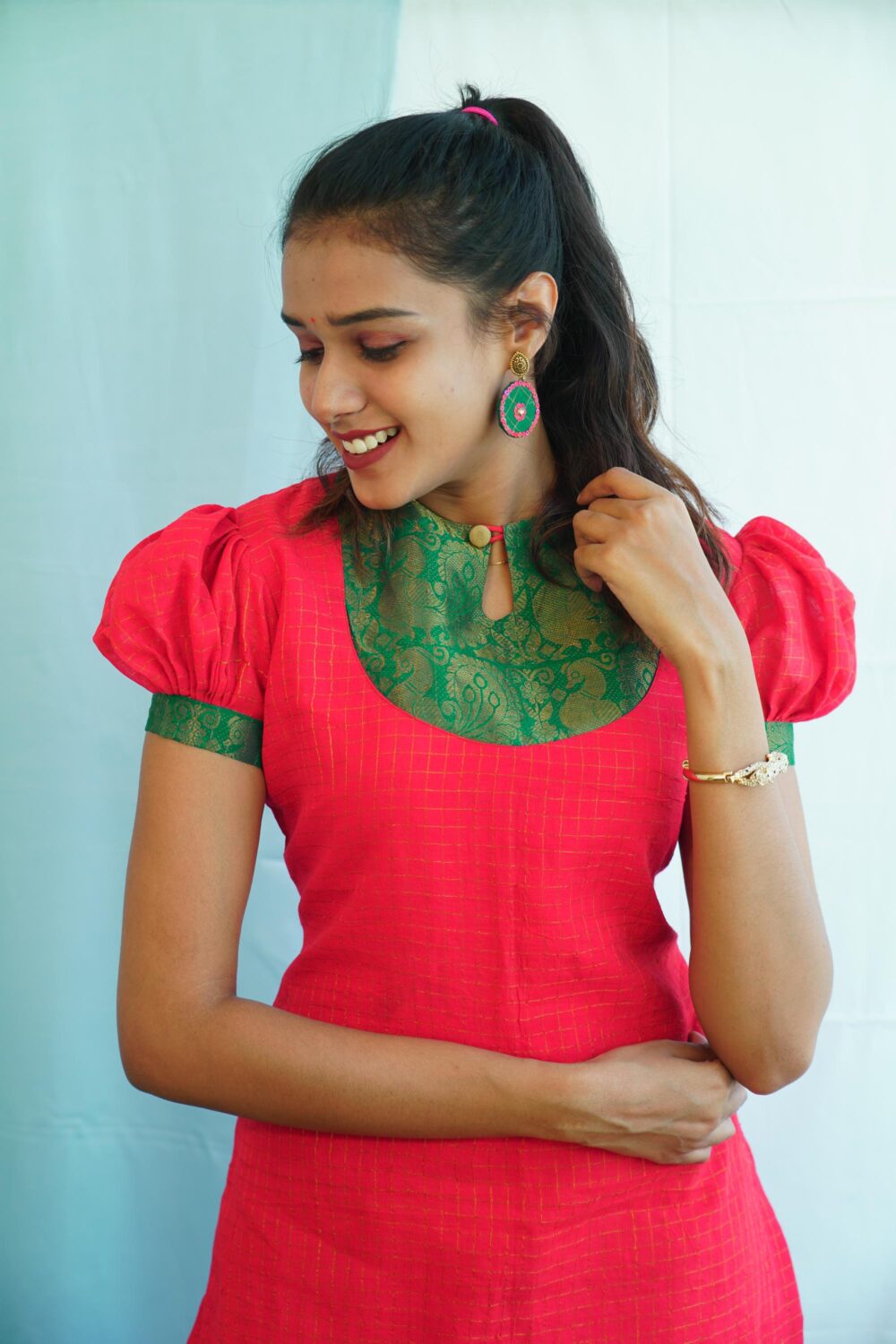 Red Sungudi Cotton High Neck Dress - Image 2