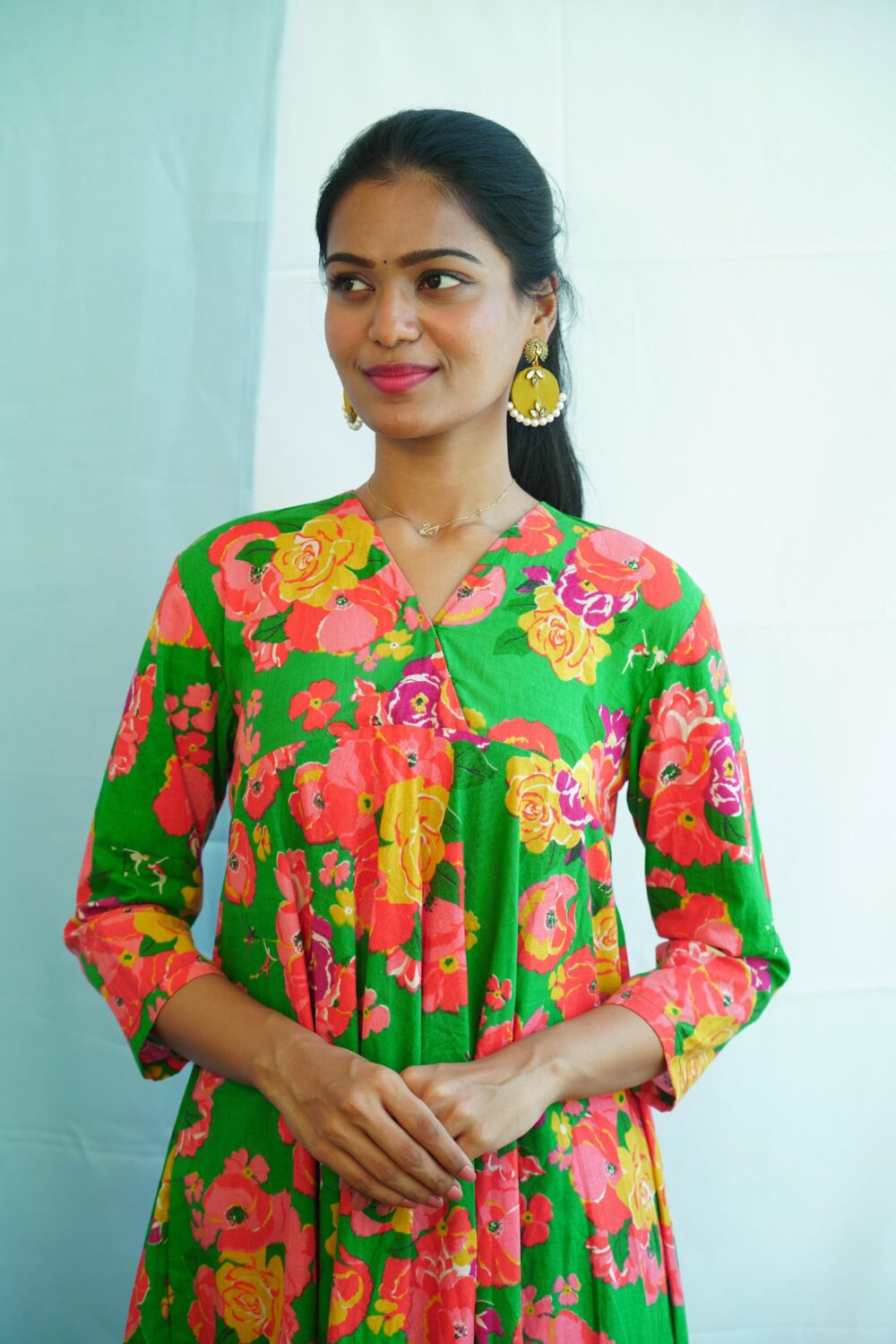 Green Cotton Dress with Floral Design - Image 2