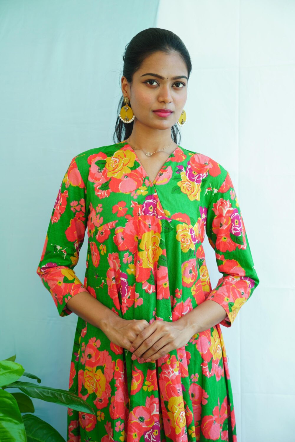 Green Cotton Dress with Floral Design