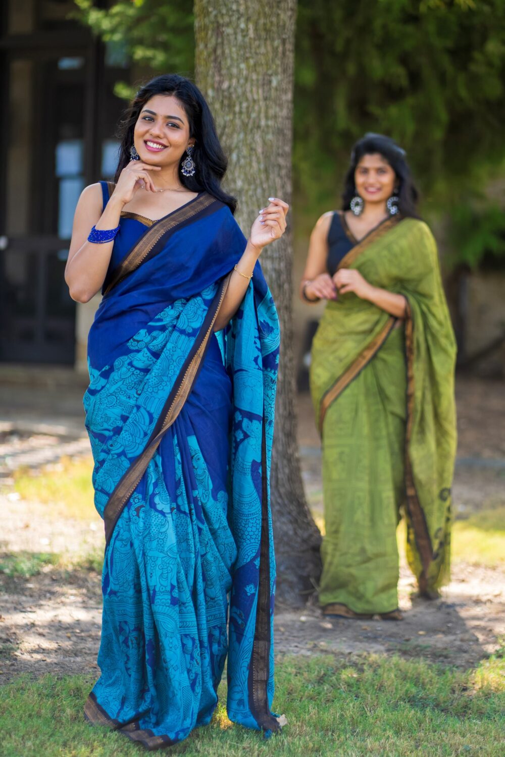 Blue Silk Kalamkari Saree with Nizam Border - Image 4