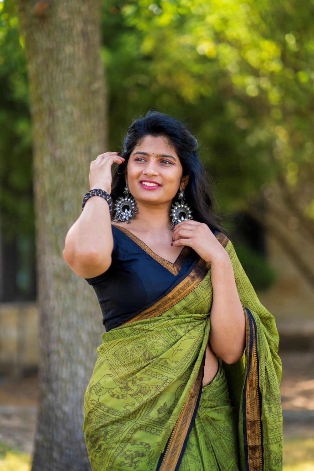 Green Silk Kalamkari Saree with Nizam Border - Image 2