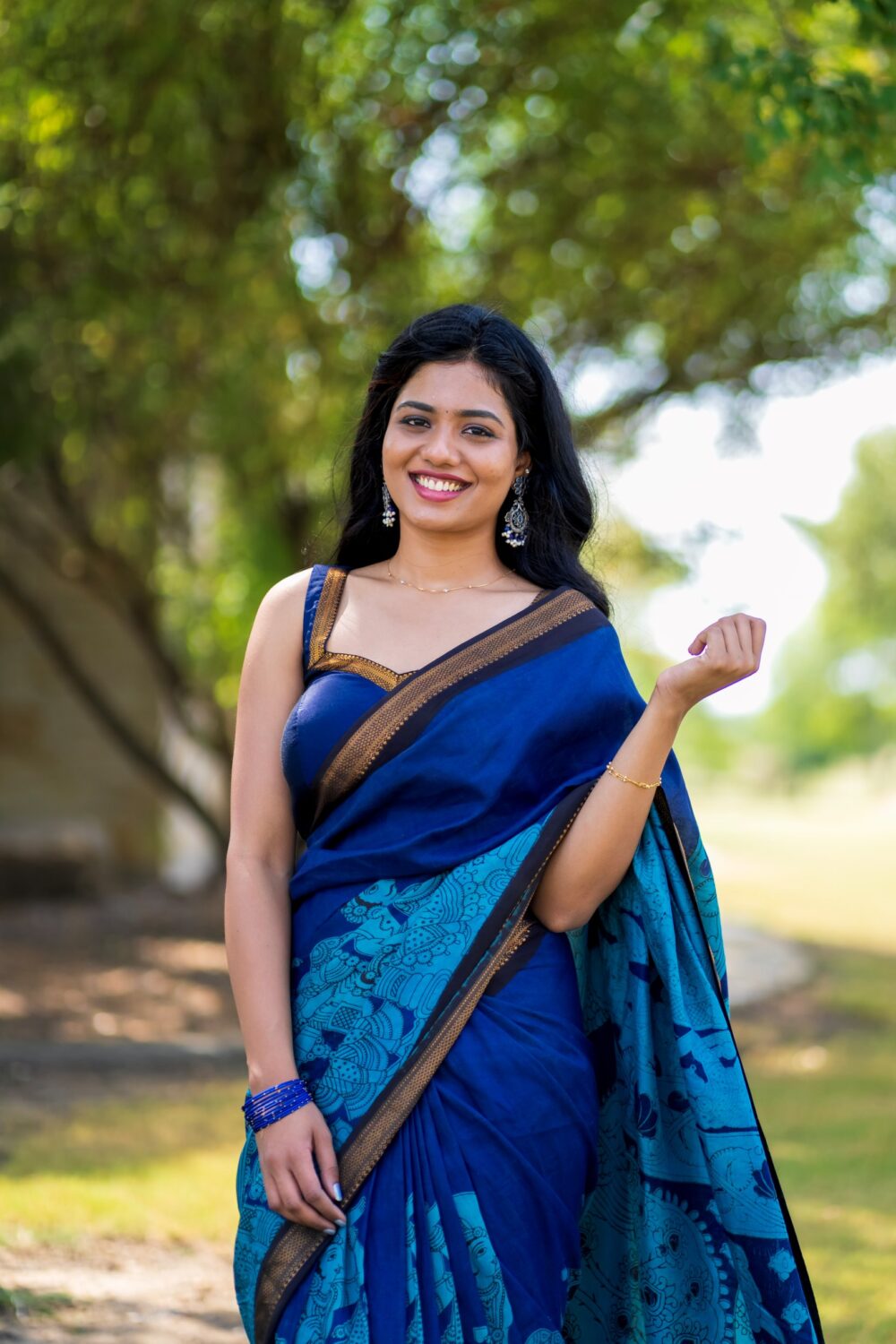 Blue Silk Kalamkari Saree with Nizam Border