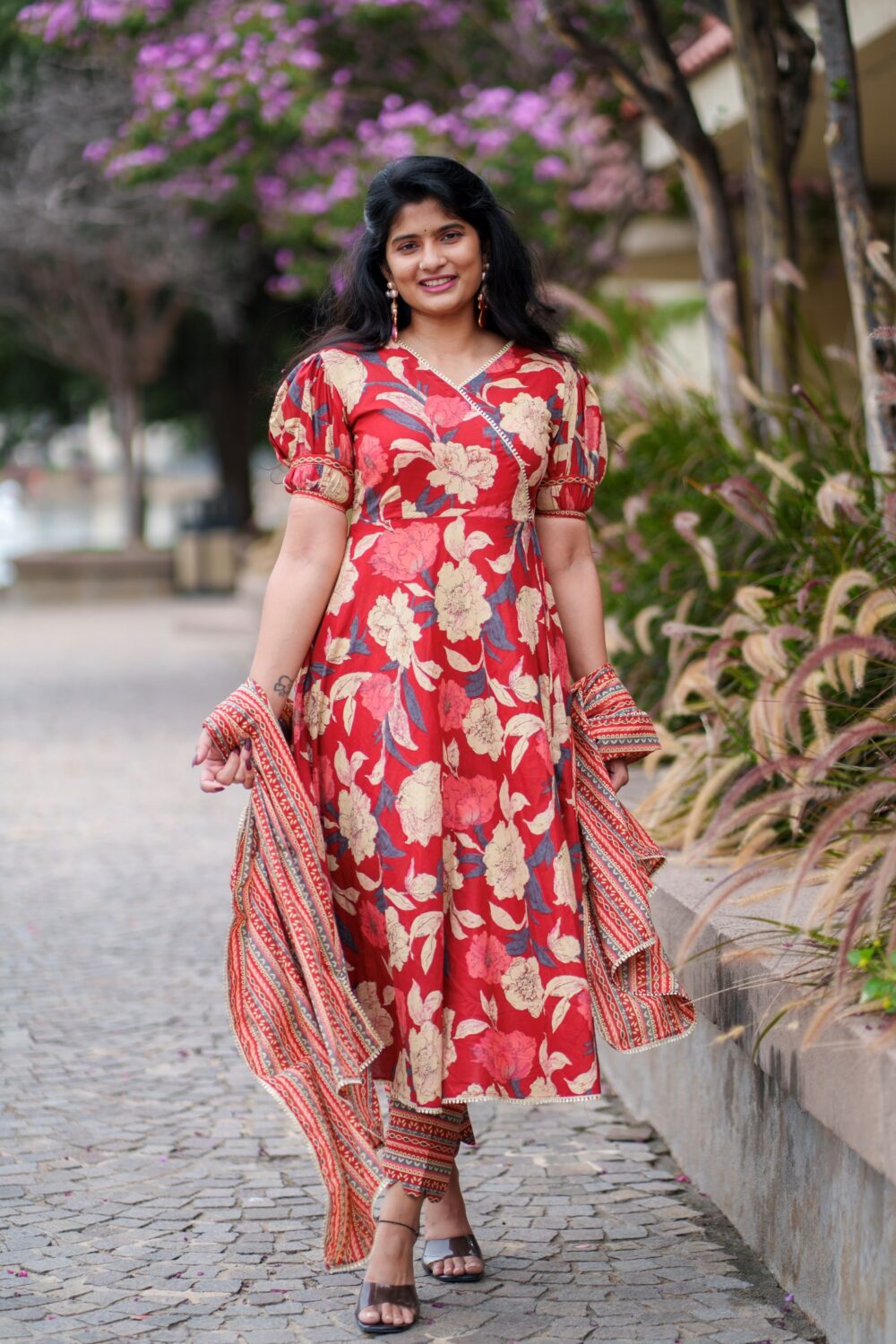 Floral Red Dress with Printed Dupatta