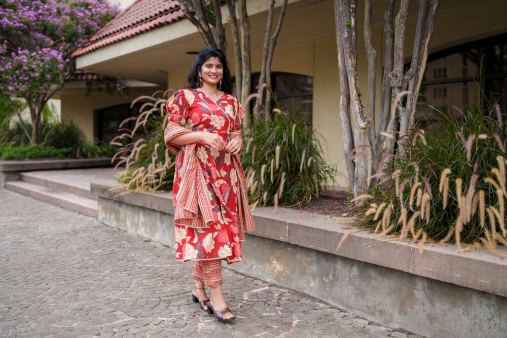 Floral Red Dress with Printed Dupatta - Image 2