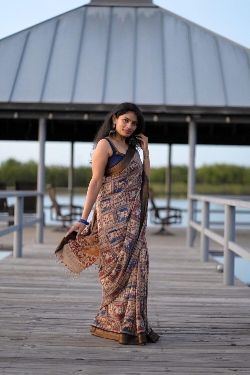 Multi Color Kalamkari Saree with black border - Image 4