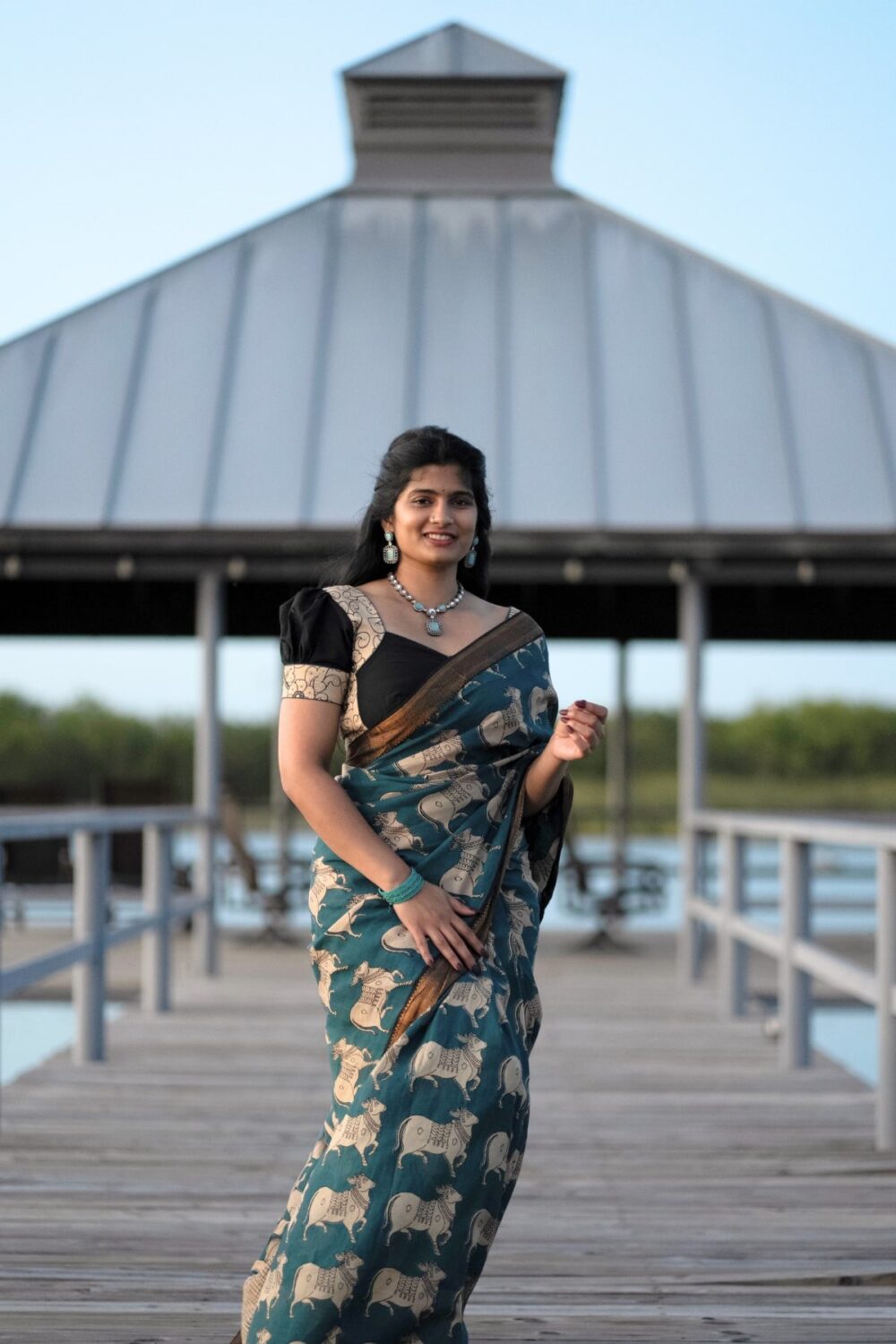 Peacock Blue Kalamkari Saree - Image 5