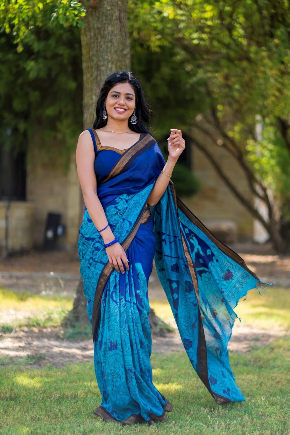 Blue Silk Kalamkari Saree with Nizam Border - Image 3