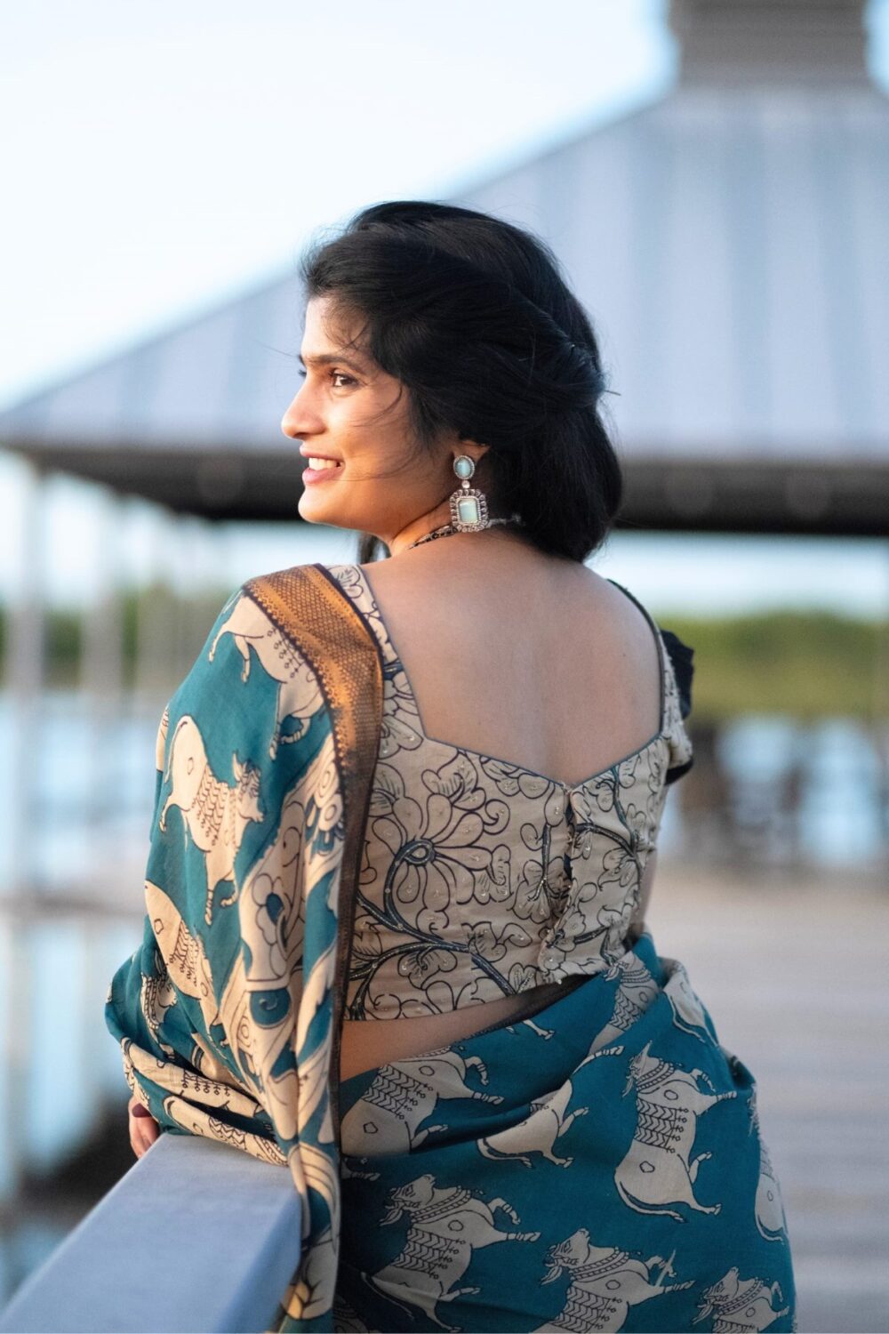 Peacock Blue Kalamkari Saree - Image 4