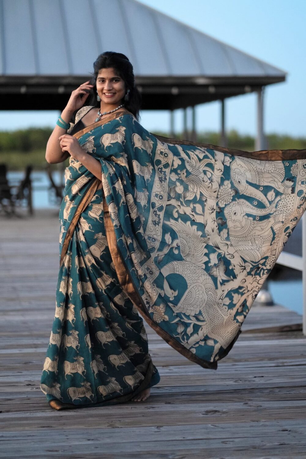 Peacock Blue Kalamkari Saree - Image 3