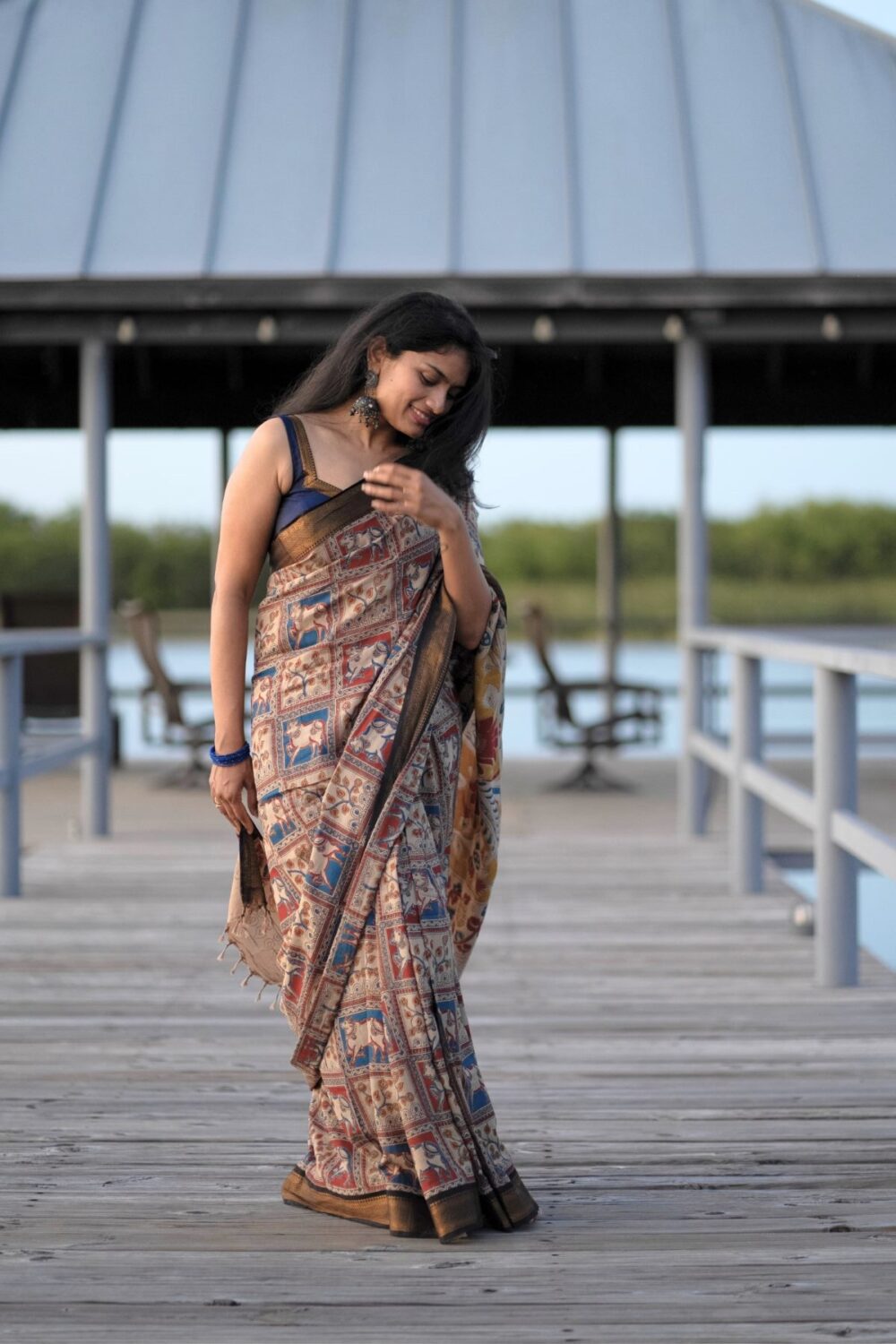 Multi Color Kalamkari Saree with black border - Image 3