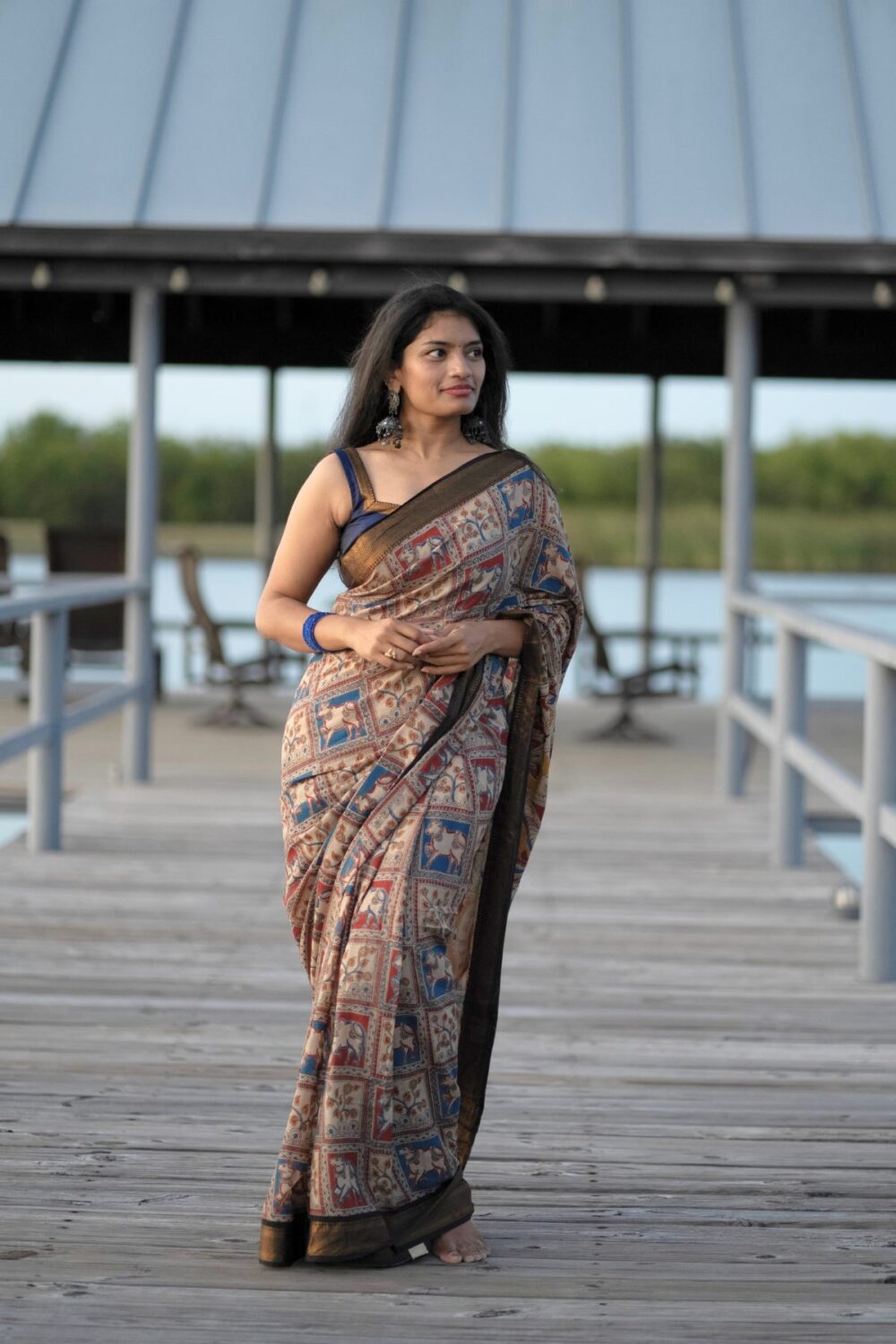 Multi Color Kalamkari Saree with black border