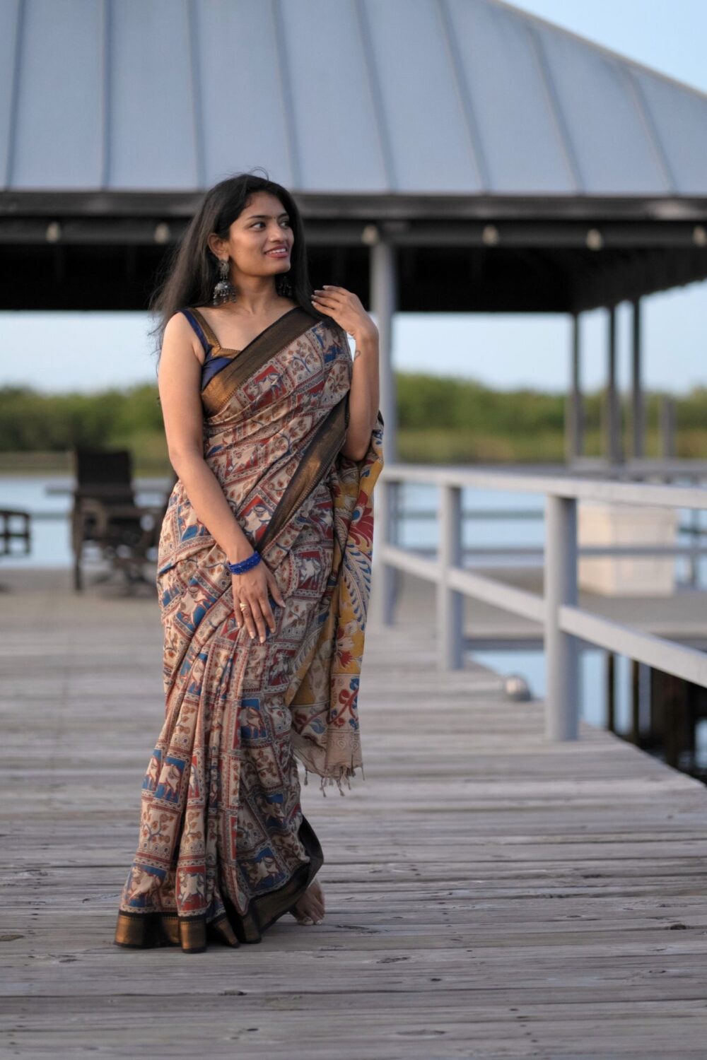 Multi Color Kalamkari Saree with black border - Image 2